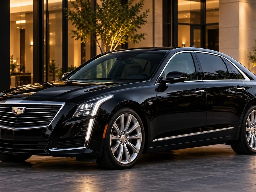 Black Cadillac CT6 sedan, front three-quarter view