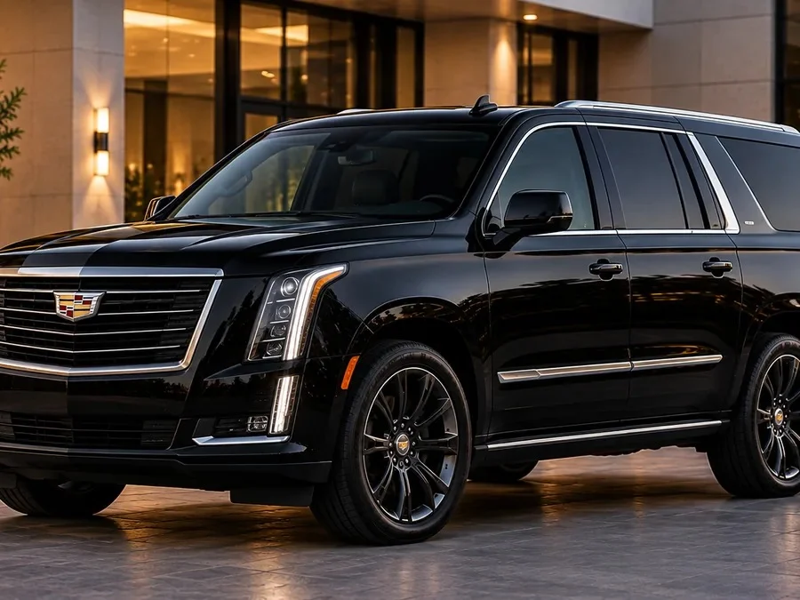 Black Cadillac Escalade ESV, front three-quarter view