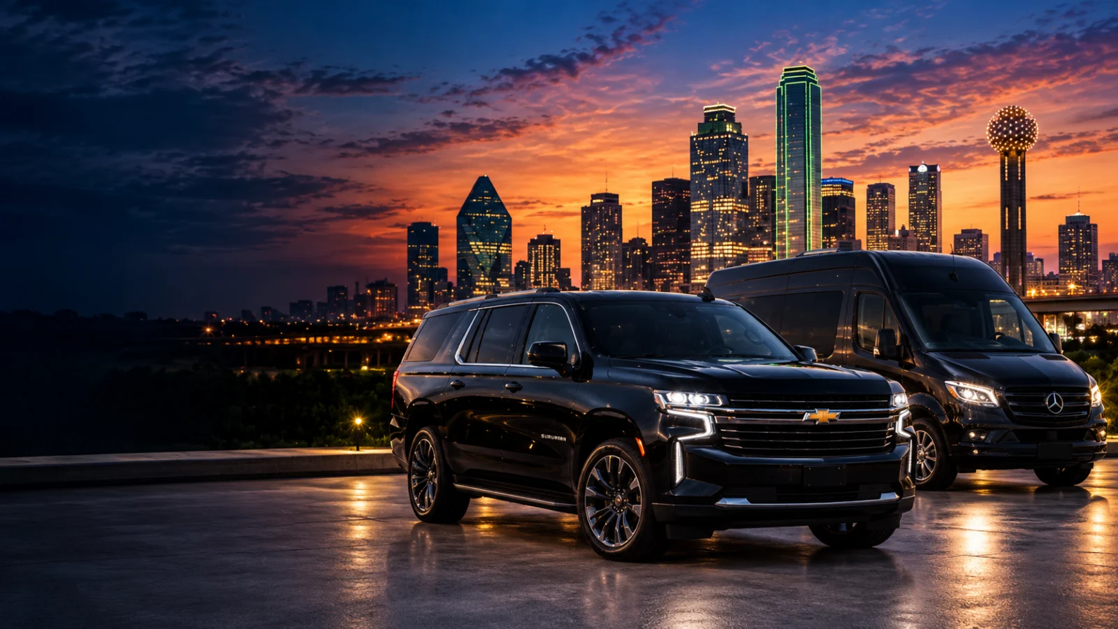 Black Chevrolet SUV and Mercedes-Benz Sprinter against the Dallas skyline at sunset