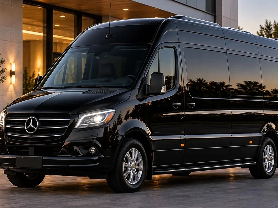 Black Mercedes-Benz Sprinter van, front three-quarter view