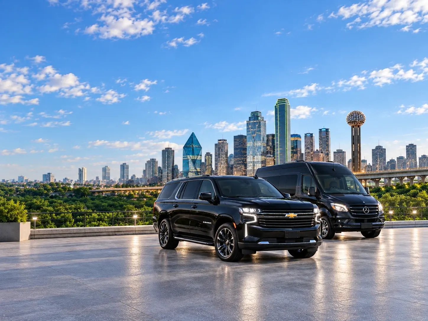 Black Chevrolet SUV and Mercedes-Benz Sprinter with the downtown Dallas skyline