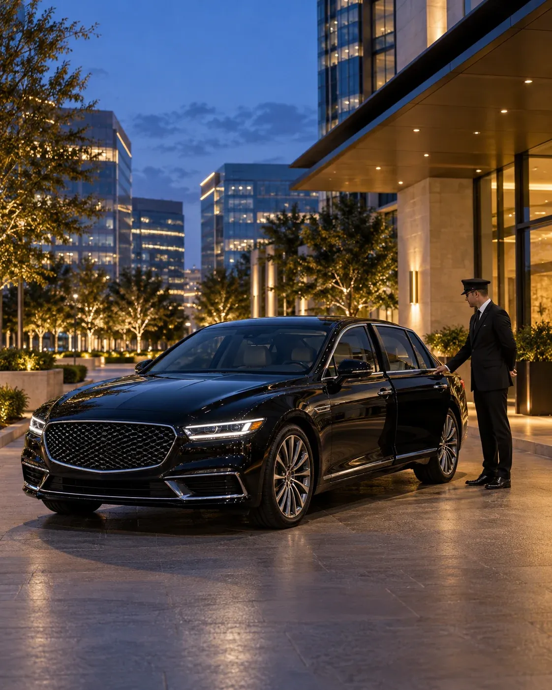 Chauffeur beside a black sedan at night