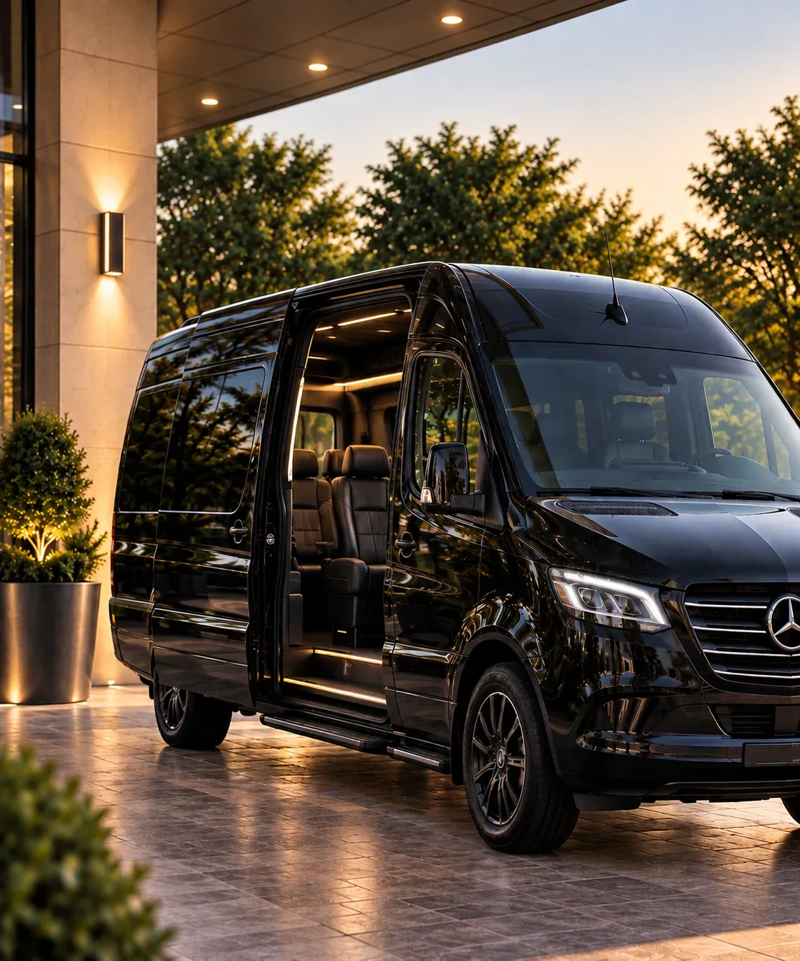 Black Mercedes-Benz Sprinter with an open passenger door under a hotel portico