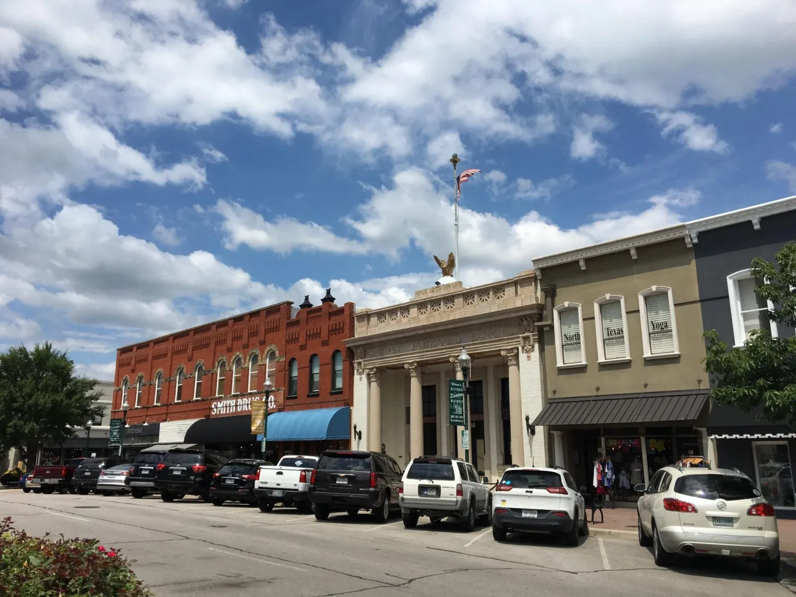 Historic storefronts on the square in downtown McKinney, Texas